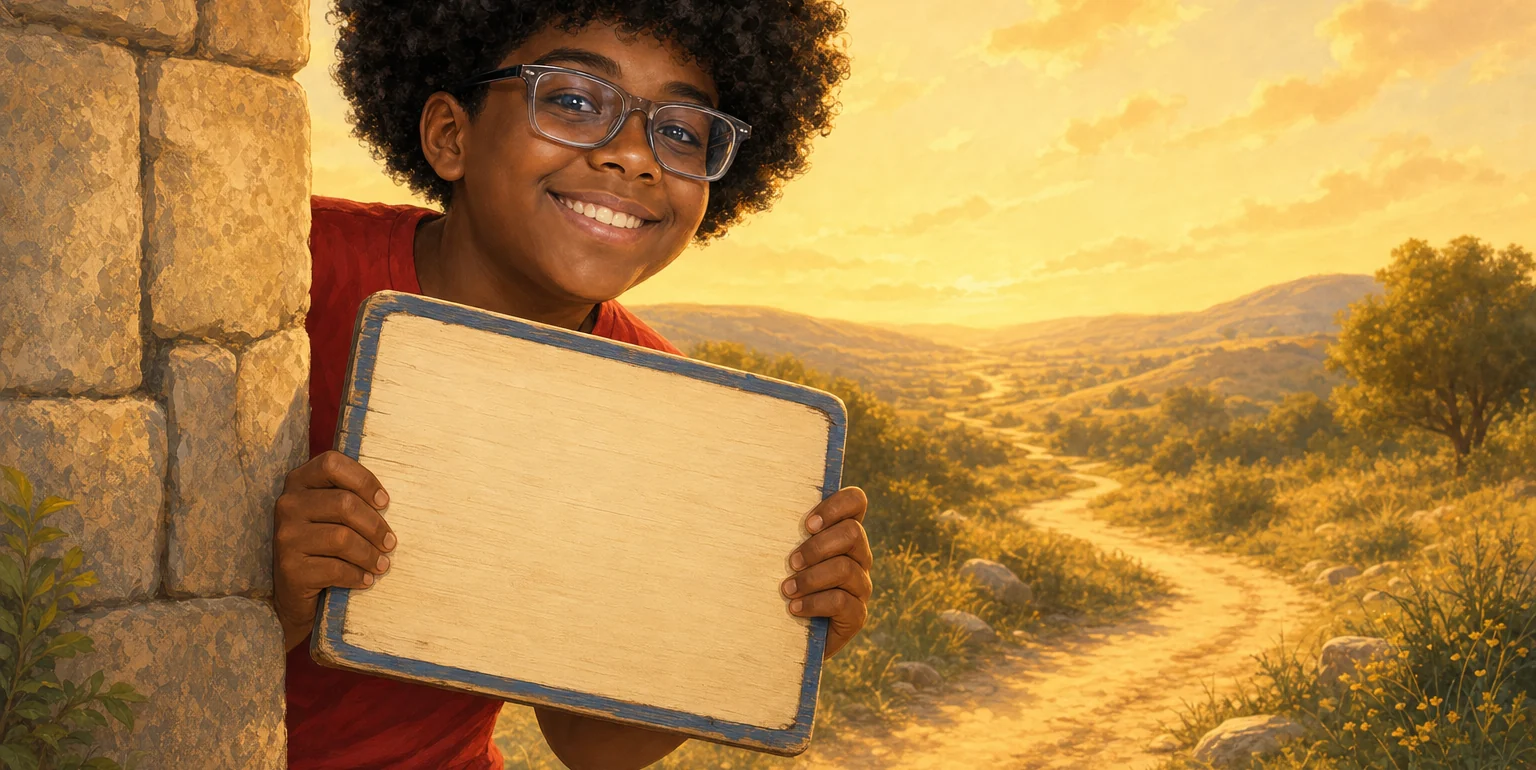 Ziyad holding up a wooden sign that reads: let's start the adventure